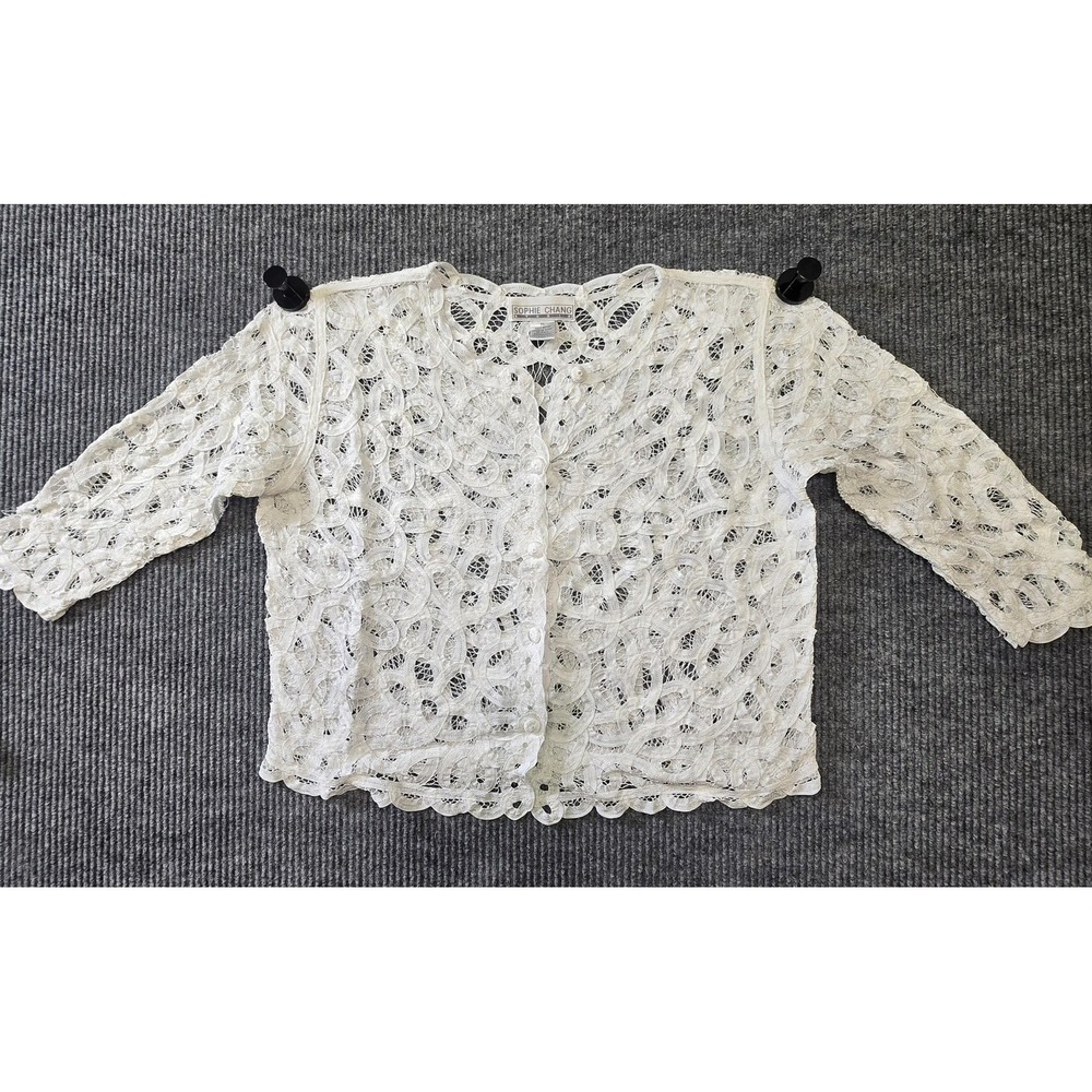 Vintage Sophie Chang Studio XL White Soutache Lace Cardigan 3/4 Sleeve Sheer Y2K
